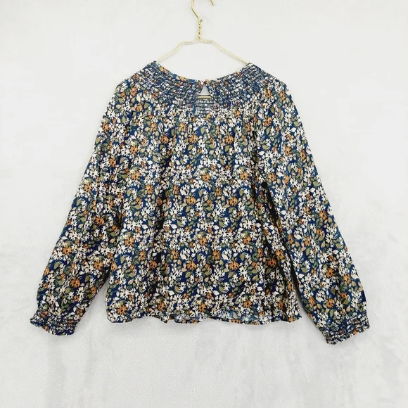 New Sonoma Blue Floral Elastic Scoop Neck Long Sleeves Blouse P600 - Picture 5 of 9